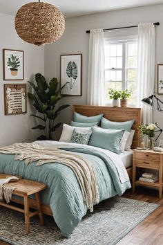 a bed room with a neatly made bed next to a window and a wooden bench