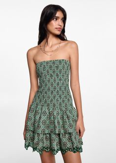 Ruffled printed dress - Teen | MANGO USA Strapless Cotton Mini Dress With Floral Print, Strapless Cotton Dress With Floral Print, Green Cotton Tiered Skirt Dress, Patterned Cotton Mini Dress, Cotton Patterned Mini Dress, Decorative Embroidery, Short Design, Fabric Floral, Designer Shorts