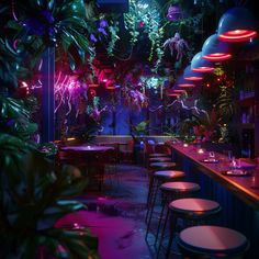 a dimly lit restaurant with plants hanging from the ceiling and colorful lighting on the walls