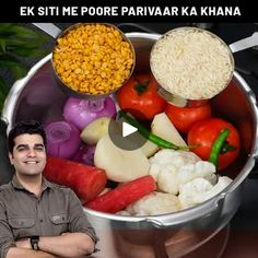 a man standing in front of a pot filled with vegetables