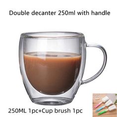 there is a coffee cup with liquid in it and the words double decanter 250ml with handle