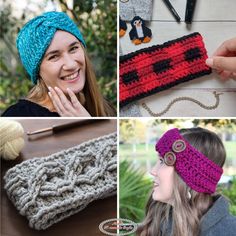 there are pictures of different crocheted items on this page, including headbands and hair accessories