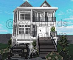 a car is parked in front of a house with stairs leading up to the second floor