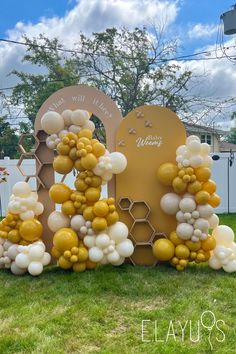 Mustard yellow balloons for a honey bee gender reveal Bee Day Party Balloon Arch, Bee Gender Reveal Backdrop Ideas, Balloon Arch Bee Theme, Mustard Balloon Garland, Gender Reveal Yellow Theme, Honey Bee Balloon Garland, Bee Backdrop Ideas, Honeycomb Balloon Garland, Who Will It Bee Gender Reveal