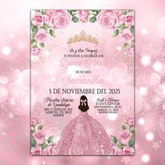 a pink princess themed birthday party with roses and stars on the background, in spanish