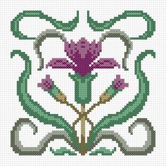 a cross stitch pattern with a flower on the front and side, in green and purple