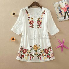 Embroidery Boho, Boho Embroidery, Women Embroidery, Boho Blouse, Boho Shirts, Embroidery Blouse, Vintage Embroidery, Loose Tops, Embroidery Dress