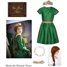 a woman in green dress and tiara next to other items