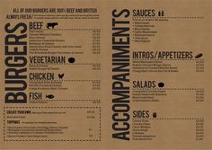 a menu for an eatery with different types of meats and vegetables on it