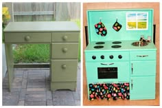 an old fashioned stove and table painted green