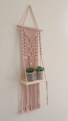 a macrame wall hanging with two potted plants