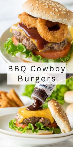 two plates with burgers on them and the words bbq cowboy burgers above it