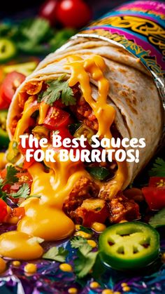 the best sauces for burritos are on this colorful plate with peppers and jalapenos