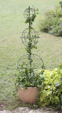 a tall metal plant stand in the middle of a garden