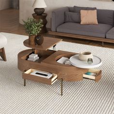 a living room with a couch, coffee table and other items on the carpeted floor