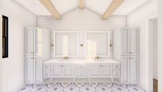 a large bathroom with two sinks and three cabinets in it's center wall, along with tiled flooring