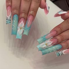 Extravagant Nails Designs, Mail Sets, Cancun Nails, Extravagant Nails, Nail Vibes, Hard Nails, Blue Acrylic Nails, Acrylic Design, Colored Acrylic