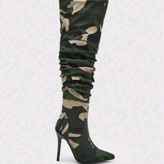 Camo Point Toe Stiletto Fabric Slouchy Boots Side Zipper Army Green Upper Material: Fabric Lining Material: Fabric Insole Material: Pu Leather Outsole Material: Rubber Camo Heels, Mom Shoes, Green Boots, Slouchy Boots, Green Heels, Green Cream, Shoes Heels Boots, Army Green, Side Zipper