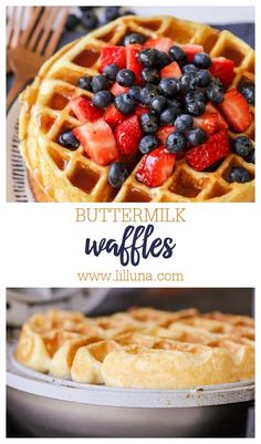 buttermilk waffles with blueberries and strawberries on top are shown