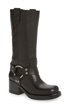 Durable leather and  O-ring details heighten the Western vibe of this tall boot styled with a stacked block heel for added stability. 2 1/2" heel (size 8.5) 12" shaft; 15 1/2" calf circumference Side zip closure Leather upper and lining/rubber sole Imported Harness Boots, Western Boots Women, Tall Boot, Western Boot, Tall Boots, Jeffrey Campbell, O Ring, Western Boots, Boot Shoes Women