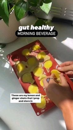 a person cutting up apples on top of a red tray next to a potted plant