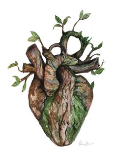 a drawing of a heart shaped tree with green leaves on it's branches and roots