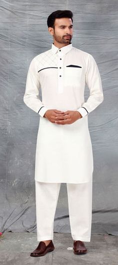 White and Off White color Pathani Suit in Cotton fabric with Thread work Elegant White Cotton Unstitched Suit, White Dabka Lawn Suit With Long Sleeves, White Lawn Suit With Dabka And Long Sleeves, White Cotton Unstitched Suit For Eid, White Long Sleeve Lawn Suit With Dabka, White Embroidered Unstitched Suit With Long Sleeves, White Long Sleeve Lawn Suit For Eid, Unstitched White Cotton Suit With Embroidery, White Embroidered Unstitched Cotton Suit