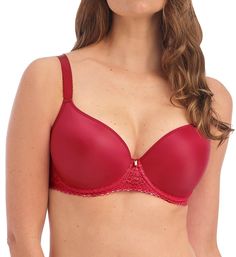 Upgrade your lingerie with this gorgeous underwire bra! The lightly padded cups are seamless for an invisible look under your outfit. A charming sweetheart neckline flatters the bust for a sexy look. Adjustable straps attach at center back with J-hook to create a racerback. Contour/t-shirt bra has lightly padded underwire cups that shape and support the breasts. Seamless cups provide a smooth, rounded shape under clothes. Sweetheart neckline has encased edge and shows off your cleavage. Narrow, Elegant Seamless Red Bra, Elegant Red Seamless Bra, Red Full Coverage Padded Bra, Red Push-up Bra With Medium Support, Full Coverage Red Bra With Padded Cups, Red Full Cup Bra With Removable Pads, Red Full Coverage Bra With Padded Cups, Red Lace Bra, Floral Bra