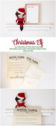 christmas elf printables are hanging on the wall in front of a white shelf