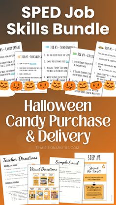 halloween candy purchase and delivery flyer with pumpkins on it, in front of an orange background