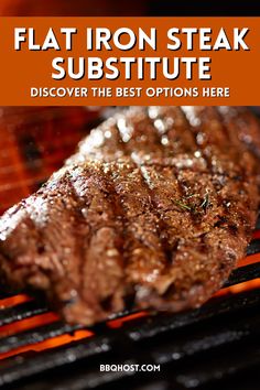 steak on the grill with text overlay that reads flat iron steak subsite