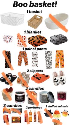 an image of halloween items that are labeled in the words boo basket, 1 blanket, 1 pair of pants, 2 slippers, 3 candles, 2 candies