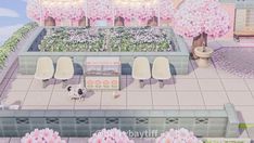 an artistic rendering of a garden with flowers and chairs in the foreground, surrounded by pink trees