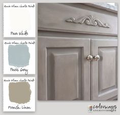 an image of kitchen cabinets painted in gray and white with paint swatches on them