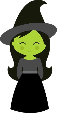 a green witch in a black dress and hat