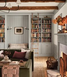 a living room filled with furniture and bookshelves next to a fire place in front of a fireplace