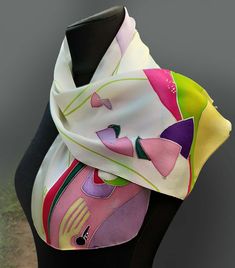 Artistic Purple Silk Scarf Gift, Elegant White Handmade Silk Scarf, Elegant Handmade Pink Silk Scarf, Elegant Handmade White Silk Scarf, Artistic Hand Painted Scarves For Gifts, White Artistic Handmade Scarves, Elegant Handmade Multicolor Silk Scarf, Handmade Silk Elegant Scarves, Purple Silk Scarf As A Gift