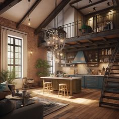 an open concept kitchen and living room with stairs leading up to the second floor area