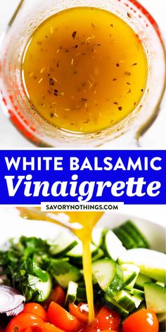 white balsamic vinaigrete is being poured into a bowl with vegetables