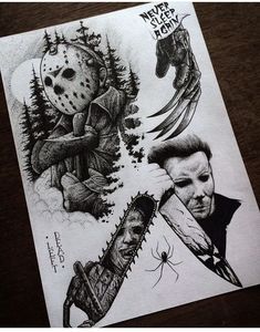 a drawing of a person holding a knife next to two images of a man with a mask on