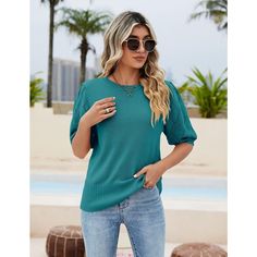 Elevate your style with the KOJOOIN Women's Short Sleeve Lightweight Sweater, a perfect blend of comfort and chic for the warmer seasons. This crewneck knit pullover is delicately crafted with crochet sleeves that add a sophisticated flair to your everyday ensemble.

- **Material:** 55% Acrylic, 45% Rayon
- **Color:** Available in Green, Black, Khaki, Beige, Rose, White, Orange Blue, Purple, and Navy
- **Sleeve Options:** Choose from Crochet Sleeve or Regular Puff Sleeve
- **Gender:** Female
- * Spring Textured Knit Solid Tops, Casual Crew Neck Textured Knit Blouse, Green Short Sleeve Crochet Top For Spring, Green Short Sleeve Knit Top For Fall, Textured Knit Short Sleeve Top For Fall, Stretch Knit Blouse With Crew Neck, Casual Knit Blouse For Layering, Solid Knit Tops For Layering, Chic Short Sleeve Solid Color Sweater