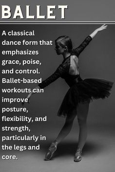 a woman in a black dress is dancing with the words ballet written below her feet