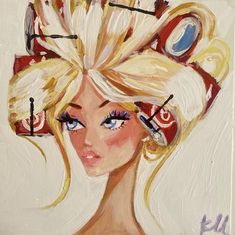 a painting of a blonde woman with scissors in her hair