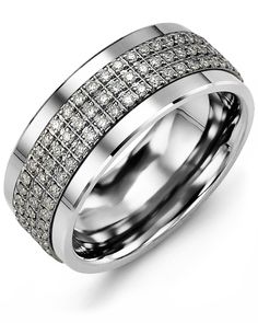 a white gold wedding ring with rows of diamonds on the outside and inside, set in 18k white gold