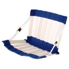 a blue and white beach chair on a white background