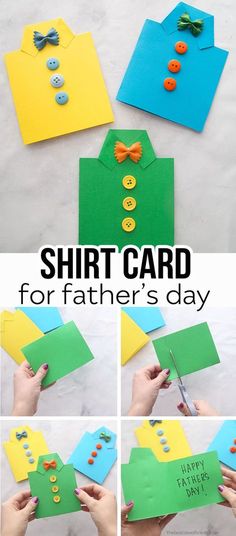 a collage of photos showing how to make a shirt card for father's day