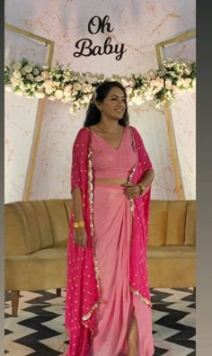 Pink Crop Top with Dhoti Pants and Attached Dupatta Set for women Indo Western dress Party wear Indian Dress Shrug saree set Designer sari