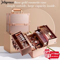 Portable portable makeup case：rose gold color matching is adopted for the appearance, and the style is high-end. Every detail is carefully created, which is born for professional talents. Alloy cosmetic case-sturdy shell, the cosmetic case is waterproof design, and the whole case is waterproof. Avoid getting your expensive cosmetics and items drenched in the rain. Mermaid makeup box: The mermaid color changes with the light, high color and practical coexist, easy to carry out. Silver rose carving beauty case: classic rose carving design, high-end atmosphere, born for professional talents. Large capacity cosmetic case: It has four large long trays, which can make full use of the storage space in reasonable areas. You can put cosmetics, skin care products, jewelry, hair ornaments, makeup bru Makeup Suitcase, Manicure Essentials, Penyimpanan Makeup, Make Up Storage, Beauty Vanity, Makeup Travel Case, Mermaid Makeup, Beauty Case, Makeup Box