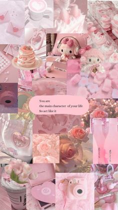 a collage of pink and white items