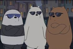 three cartoon bears wearing sunglasses standing next to each other